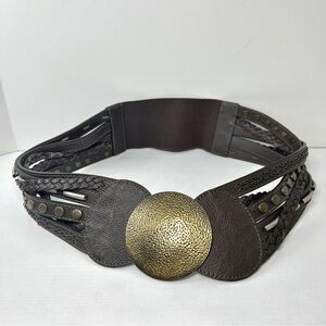 Chico’s Brown Braided Leather Brass Buckle Stretch Belt 36 Inches Unstretched